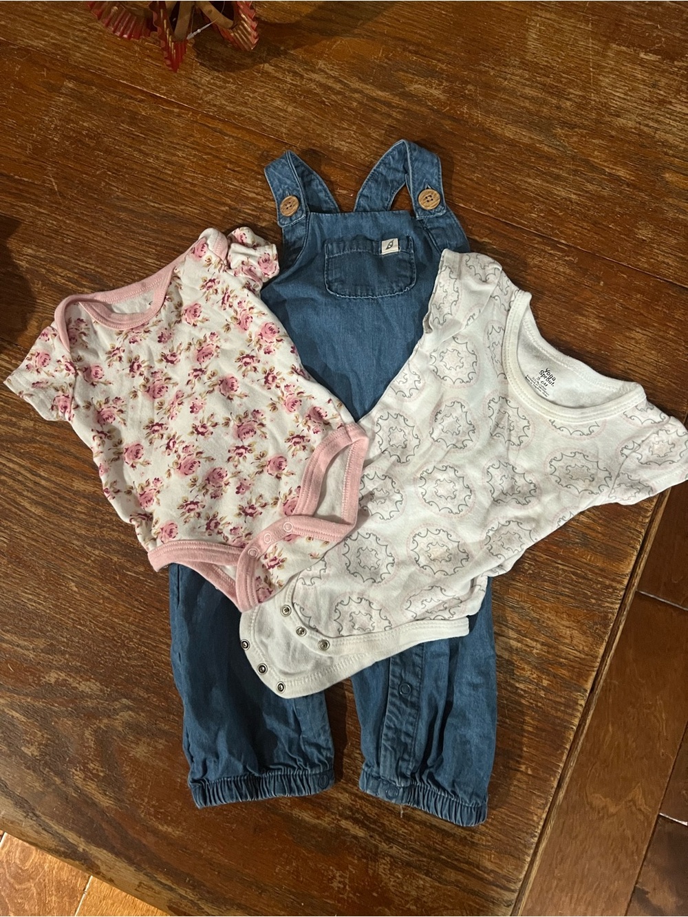 Denim Overalls with Pink Floral & White Bodysuits - Baby Girls Set